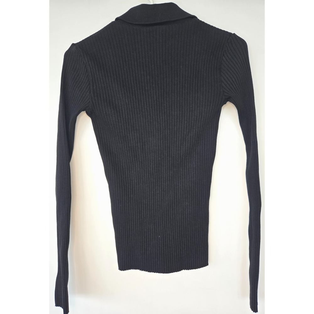 Zara Ribbed Collared Sweater V-Neck Cotton Front Fake Pockets Black Quiet Luxury - Picture 6 of 16